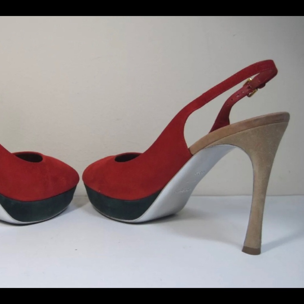 St. Laurent YSL Sling Back Peep Toe Pumps Red - Picture 2 of 7